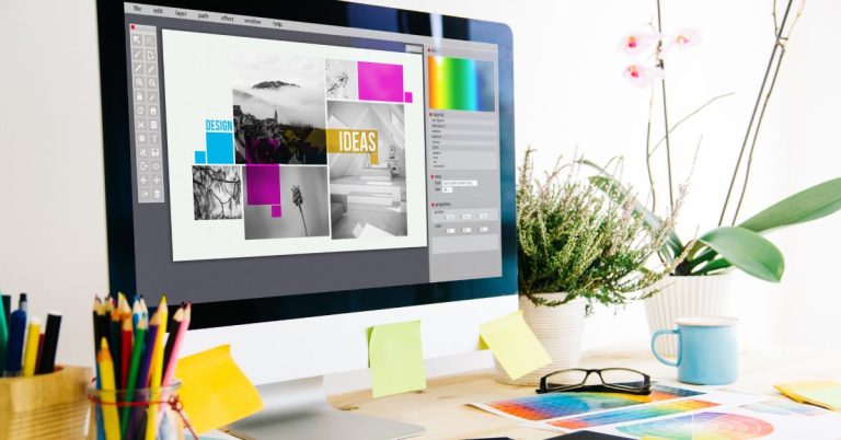 An iMac desktop monitor displaying a colorful graphic design workspace software layout with color palettes and various design ideas on a white desk.