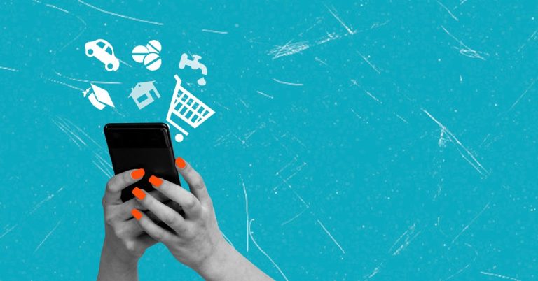 A close up view of a person holding a black smartphone with white line-art icons of a car, house, shopping cart, and graduation cap floating above the screen against a textured blue background.